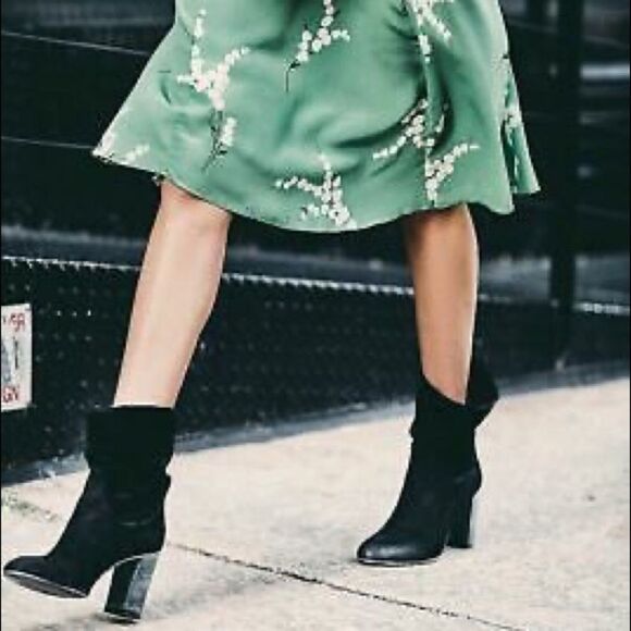 Free People Black Suede Slouchy Boots Sz 41 11 Dakota Stacked Block Heel Pull On - Picture 4 of 14